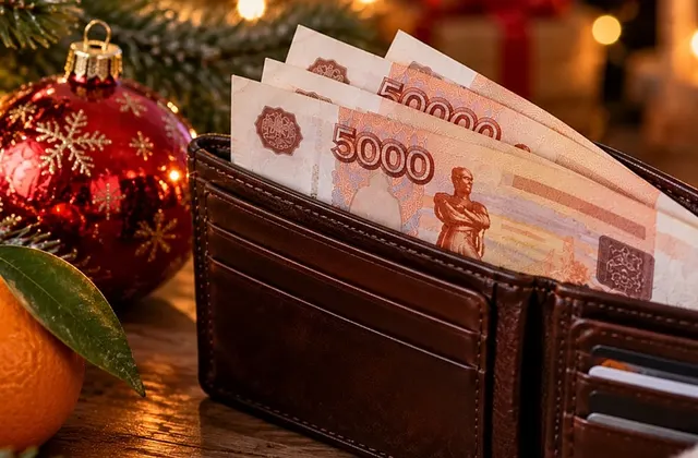 Купюры по 5000 рублей в кошельке рядом с ёлочной игрушкой и мандарином