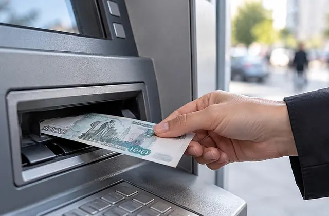Рука вставляет купюру 1000 рублей в купюроприёмник банкомата