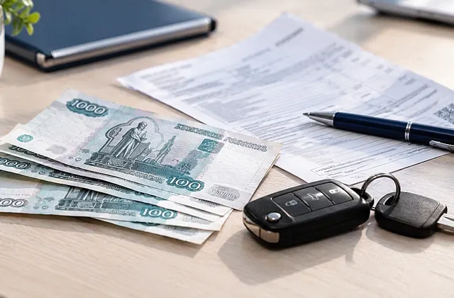 Квитанция, ручка, ключи от машины и купюры по 1000 рублей