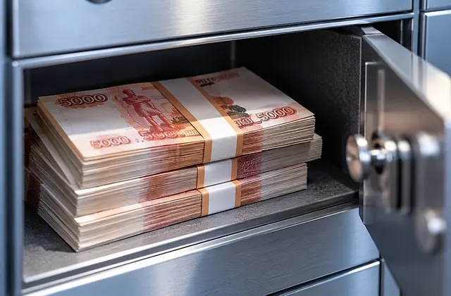 Пачки купюр по 5000 рублей в банковской ячейке